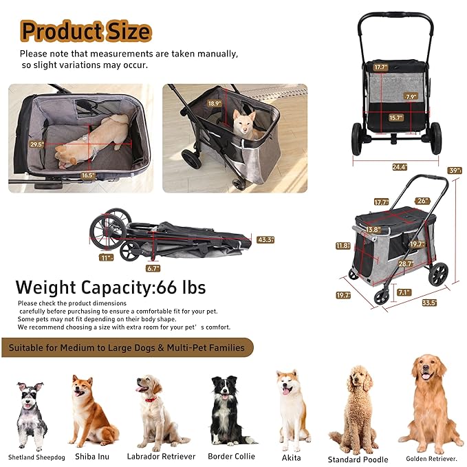 Medium Dog Stroller for Small to Large Dogs 4 Wheels Multi Pet Stroller for 4 Dogs Holds Up to 66lbs, One-Click Folding&Smooth Tires&Sunshade & Storage Basket (Gray, Medium)