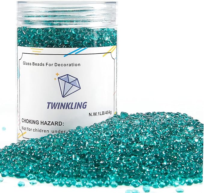 TWINKLING High Luster Round Glass Stones, Marbles, Pebbles, Beads - Fire Pit Vase Fill Crafts Aquarium Garden Decor, 3-6mm, 1-Pound Jar (Turquoise)