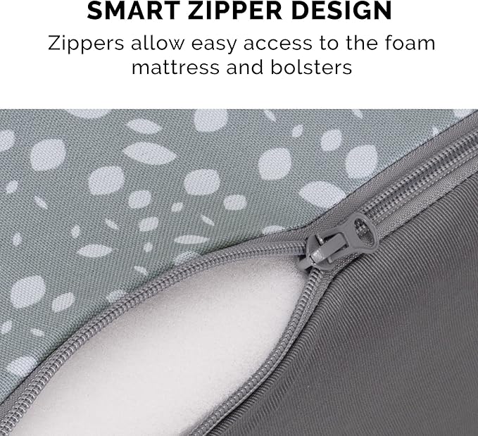 FurHaven Supportive Cooling Memory Foam L Chaise Dog Bed with Washable & Removable Cover - Plush & Almond Print - Gray Almonds, Dogs Up to 35 lbs - Medium