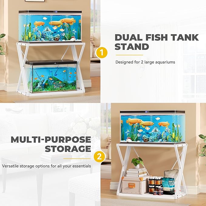 YITAHOME 10-40 Gallon Fish Tank Stand, Double-Layer Metal Aquarium Stand for Reptile Turtle Terrarium Breeder, White