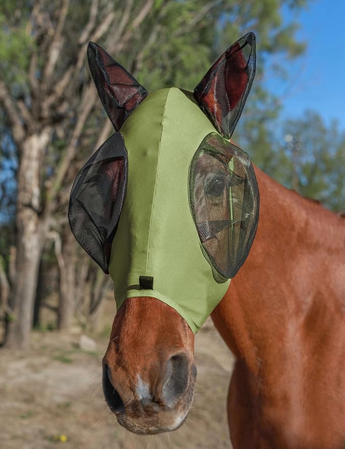 Horse Fly Mask with Ears, UV Protection for Horses, Elasticity with Big Mesh Eye Covers, Snug Fitting Comfortable Breathable Lightweight for Horses Olive Green Full Size
