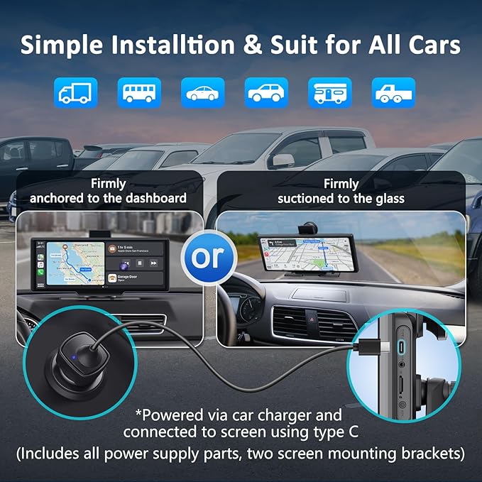 Apple carplay & Android Auto,Wireless Double din 10.26 inch Dash Cam with Front Camera and Backup Camera.GPS Navigation,Mirror Link/Voice Control/Bluetooth for Car RV Pickup Bus Trailer.etc
