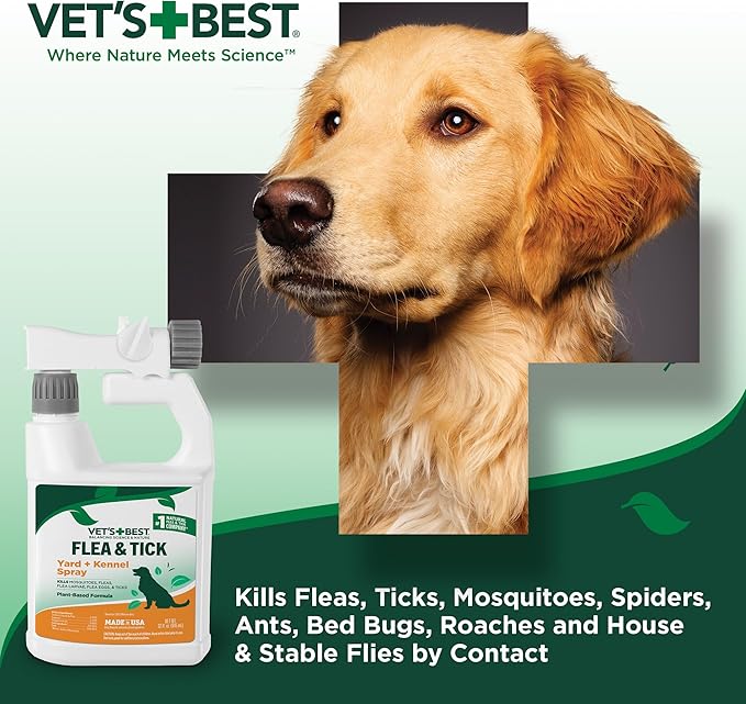 Vet's Best Flea and Tick Yard & Kennel Spray, Dog Flea Spray that Kills Fleas, Mosquitoes, & Ticks, Plant-Based Ingredients, Plant Safe Ready-to-Use Hose Attachment, 32 fl oz