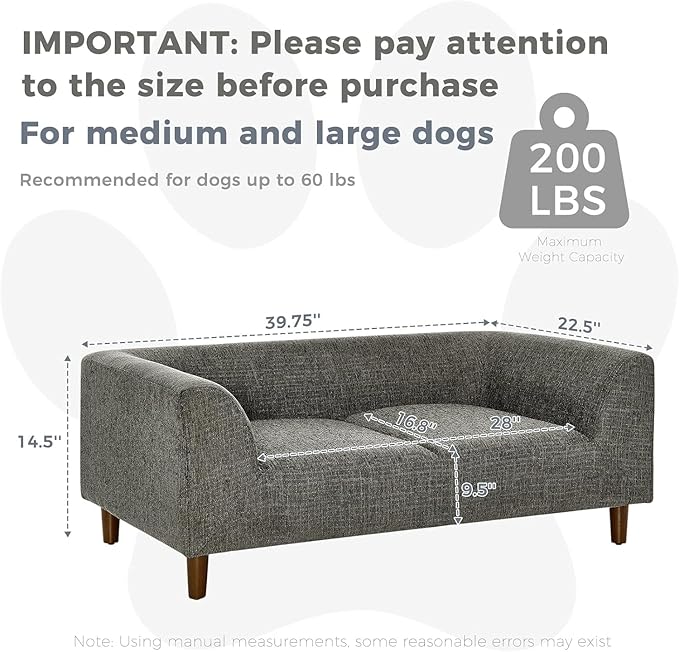 Dog Sofa Couch for Medium to Large Dogs, Memory Foam Dog Sofa Bed, Modern Elevated Pet Couch Bed with Wooden Legs for Medium and Large Dogs, Dark Grey