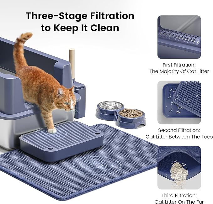 Stainless Steel Cat Litter Box - Enclosed XL Metal Kitty Litter Box with Lid for Big Cats, High Sided, Anti-Leakage, Easy Cleaning, Non-Sticky, Included Litter Mat, Cat Bowl & Spoon