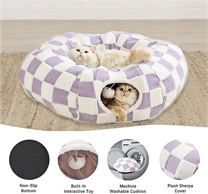 Cat Tunnel Bed with Washable Cushion for Indoor Cat, Donut Cave Tube Toys for Kitten Puppy Rabbit, Purple