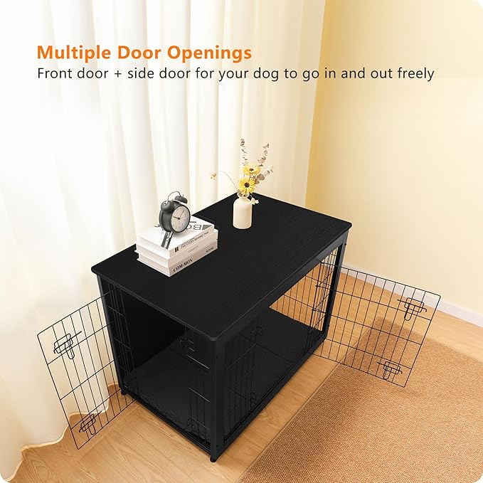 DWANTON Dog Crate Furniture with Cushion, Wooden Kennel Table with Double Doors, Indoor Dog House, Large Size, 38.5" L, Black