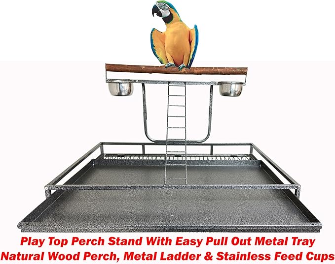 X-Large Elegant and Durable Wrought Iron Play Ground Perch Stand Top Climbing Ladder Bird Parrot Rolling Metal Cage with Around Seed Guard Storage Shelf On Heavy Duty Lockable Rolling Wheels