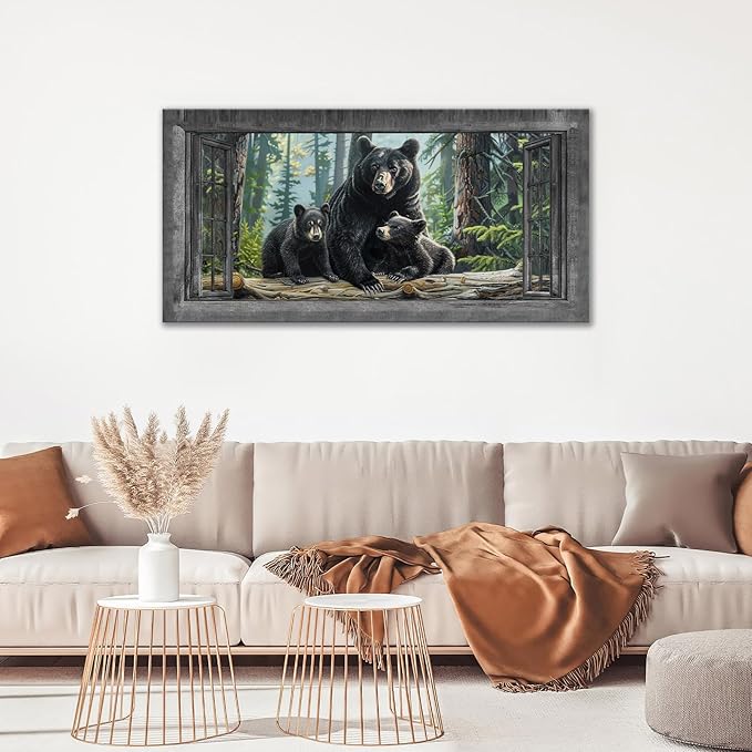 Large Wall Art Black Bear Canvas Cabin Living Room Pictures Prints Forest Oversize Wall Decor Animal Painting Artwork for Bedroom Dining Office Home 60"x30"