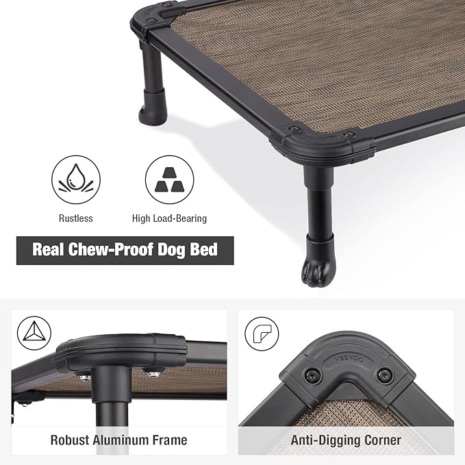 Veehoo Chew Proof Elevated Dog Bed - Cooling Raised Pet Cot - Rustless Aluminum Frame and Durable Textilene Mesh, Unique Designed No-Slip Feet for Indoor or Outdoor Use, Brown, X-Large, CWC2002