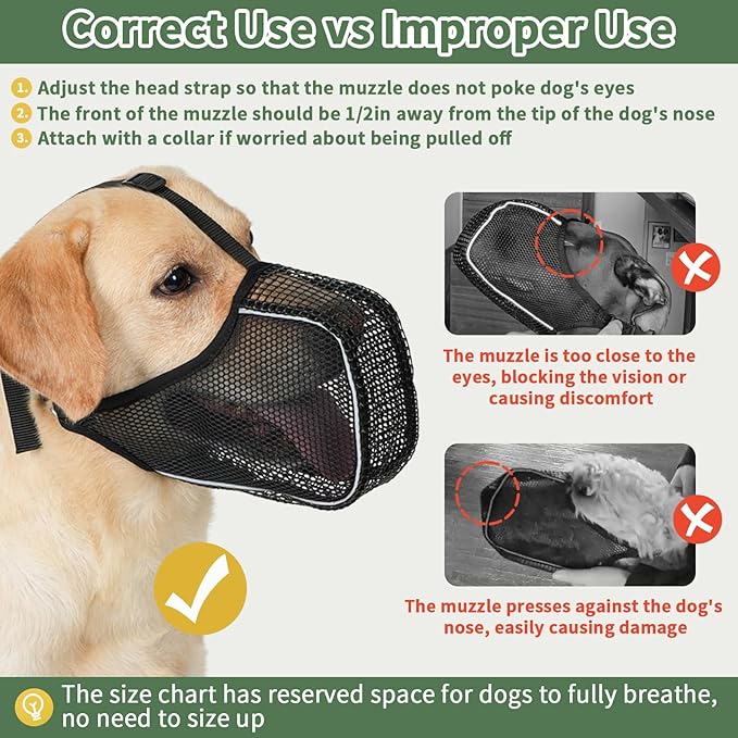 Mayerzon Dog Muzzle, Patented Mesh Muzzle with Panting Room for Large Medium Small Sized Dogs, Soft Mouth Guard to Prevent Biting Eating for Grooming Vet Visit Walking, Reflective and Full Covered