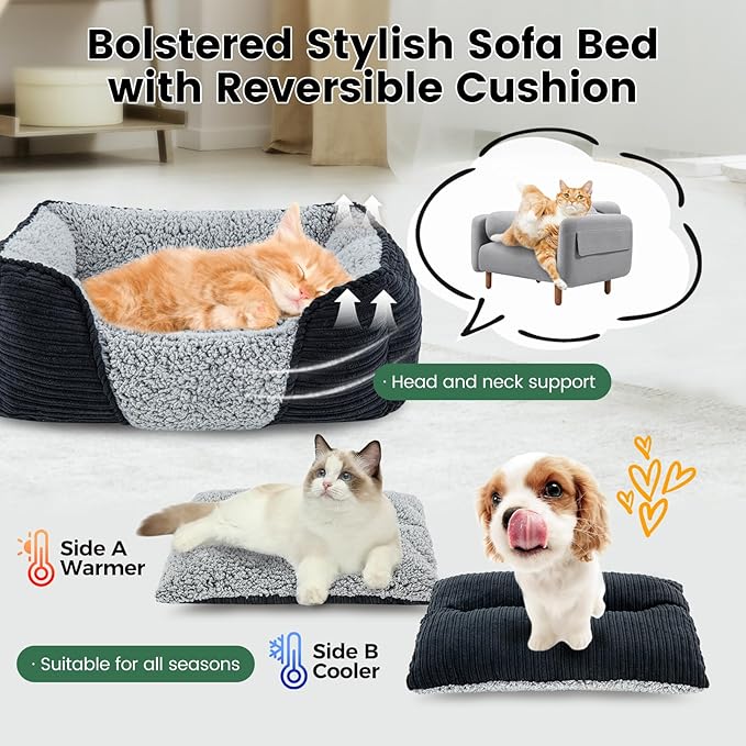 Miguel Washable Dog Bed with Removable Cushion for Medium Small Dogs, Easy to Wash Pet Sofa Bed with Side, Rectangle Bolster Cat Bed Calming Cuddle Puppy Bed with Anti-Slip Bottom, Black 25 Inch