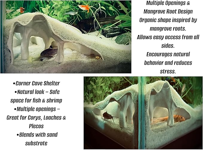 Aquarium & Terrarium Corner Cave – Faux Mangrove Root Hideout for Fish, Shrimp, Geckos, Snakes – Natural-Look Reptile Tank Decor in Textured Root Style (Desert Tan (Sand), 7.5''x7.5''x4'')