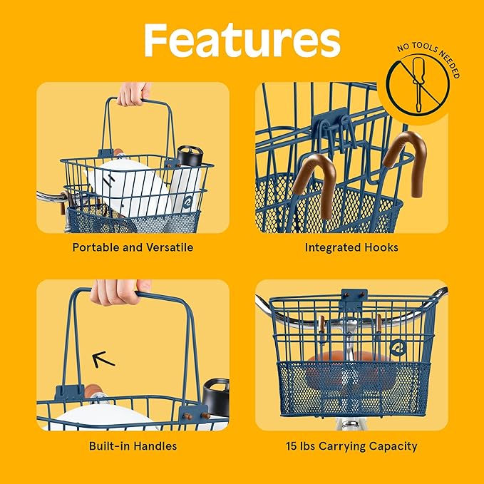 Retrospec Apollo Detachable Front Bike Basket Steel Half-Mesh with Integrated Detachable Hooks and Built-In Handle, Easy Assembly and Portability for Bicycles