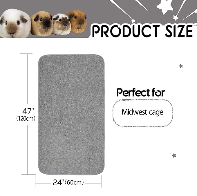Guinea Pig Cage Liner, 2 Pack - Washable, Reusable, Leakproof Fleece Bedding Pads for Small Animals with Anti-Slip Bottom - for Midwest Cage 24''X47'' Area, Gray