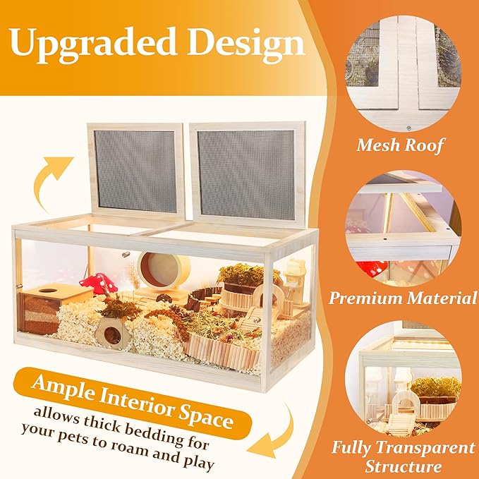 Prolee Hamster Cage with Openable Metal Mesh Top,Hamster Enclosure and Gerbil Cage with Clear Panels for Hamster Habitat,Solid Built with Lock Design (40“x20”x20)