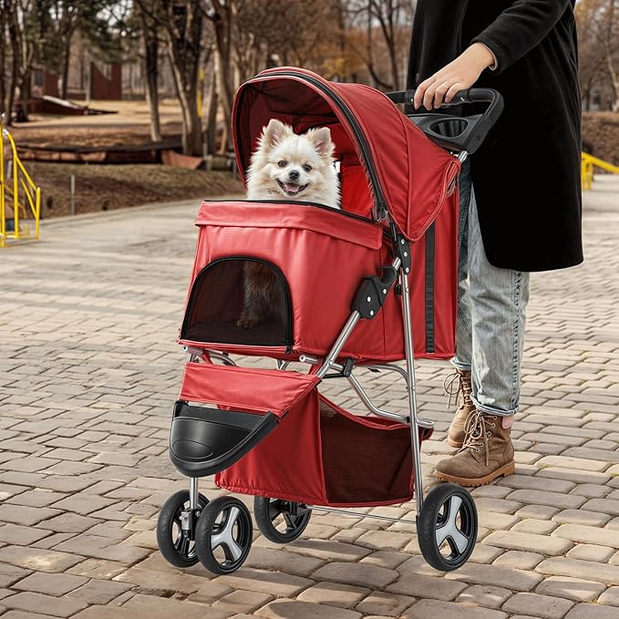 MoNiBloom 3 Wheels Pet Stroller, Foldable Puppy Cage Jogger Stroller with Weather Cover for All-Season, Storage Basket and Cup Holder, Breathable and Visible Mesh for Small/Medium Pets, Red