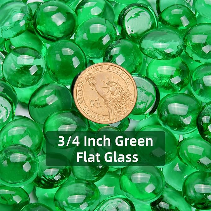 2LB Green Flat Glass Marbles for Vases, Gemstone Beads Vase Filler Decorative Glass Pebbles for Fish Tank, DIY Crafts, Aquarium Decor Rocks
