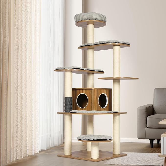 KAMABOKO Tall Wood Cat Tree, 69” Large Cat Tower Multi-Level Platforms with Sisal Scratching Posts, Cat Tree for Large Cats 20 lbs Heavy Duty, Cat Condo Furniture for Active Cats