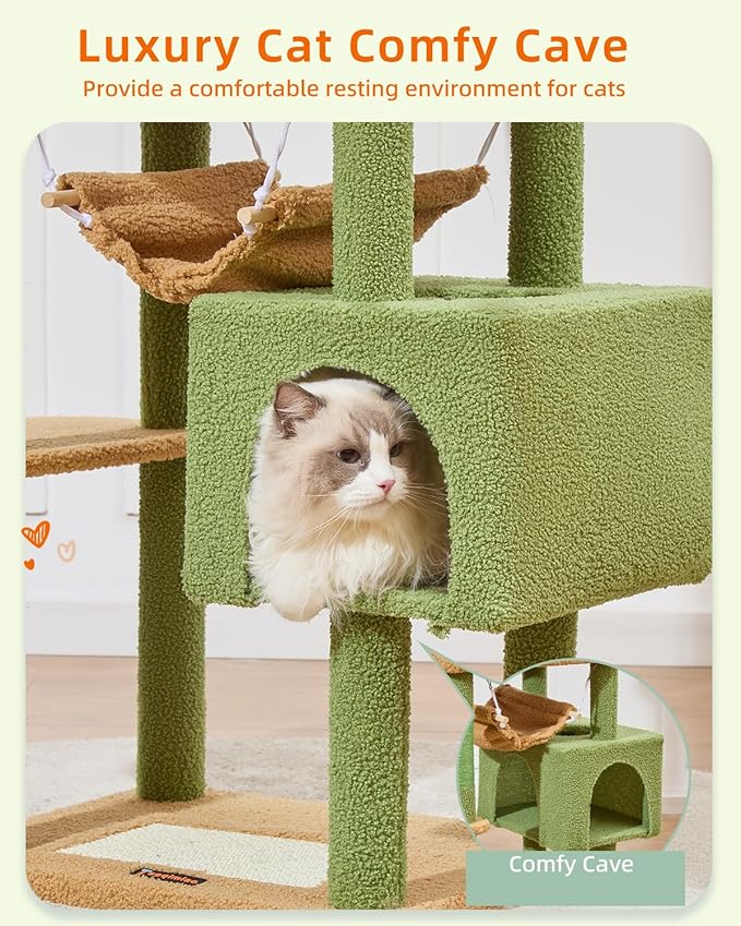 Taoqimiao Cat Tree, 68-Inch Cat Tree Cat Tower for Indoor Cats, Plush Multi-Level Cat Condo with 6 Scratching Posts, 2 Perches, 2 Caves,Hammock, 3 Pompoms,MS020ST Cactus