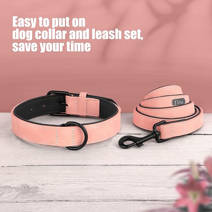 Didog Soft Padded Leather Dog Collar and Leash Set, Pink Breathable Pet Collars with 4FT PU Leather Dog Leash for Small Medium Large Dogs, Pink, XL