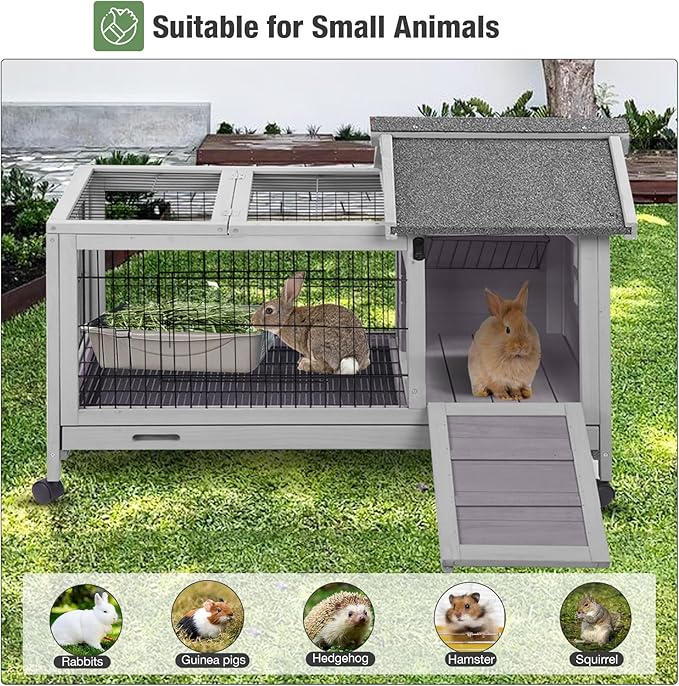Wooden Rabbit Hutch Indoor and Outdoor, Rabbit Cage with Removable Wire Netting and Leak Proof Tray, Mobile Bunny Cage with Wheels