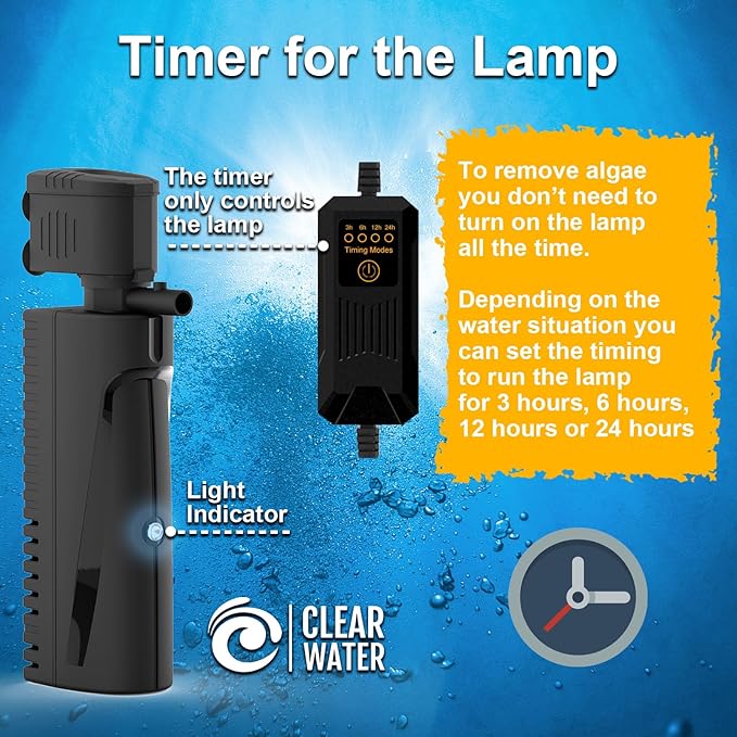 Fish Tank Filter with U - V Light & Timer (3/6/12/24 Hours) for Green Water Cleaning, Aquarium Filter with Aeration Turtle Tank Filter with Pre-Filter Sponge for Tanks 40-70 Gallon