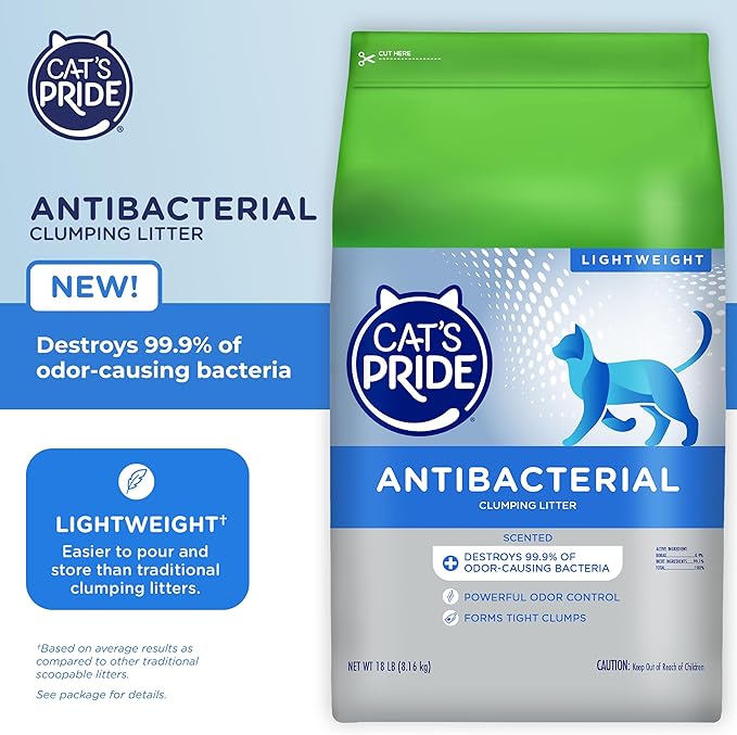 Cat's Pride New Antibacterial Cat Litter: Destroys 99.9% of Odor-Causing Bacteria - Powerful Odor Control - Premium Lightweight Clumping Litter - Scented, 18 Pounds