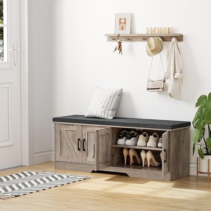 2-Tier Storage Bench, Shoe Bench with Padded Seat Cushion, Entryway Bench with 4 Barn Doors, Adjustable Shelf, 13.8" D x 47.2" W x 17.7" H, for Entryway, Living Room, Bedroom, Greige