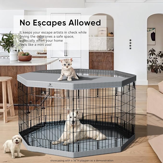 PJYuCien Dog Playpen, 8 Panels 24’’H Dog Pens Indoor with Bottom Pad, Metal Foldable Pet Puppy Exercise Fence Crate Kennel, Better for Small Animals,Grey