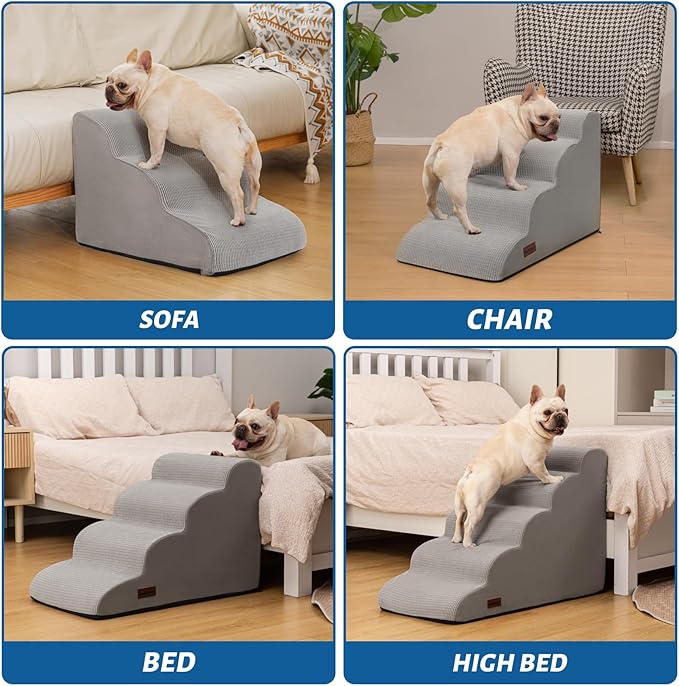 4-Step Dog Stairs and Ramp for Beds or Couches,Non-Slip Sturdy Pet Steps for Small Dogs and Cats,17.4" H,Light Grey