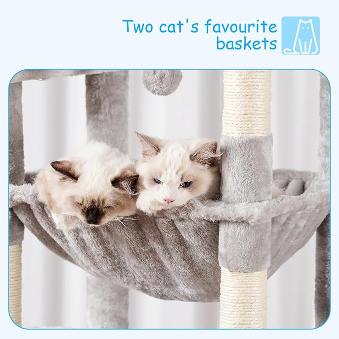 Hey-brother Cat Tree, 69.3-Inches Multi-Level Plush Cat Tower for Indoor Cats with Large Top Perch, Extra Spacious Hammock, 2 Hammocks Ramp, Hanging Ball, Light Gray MPJ037W
