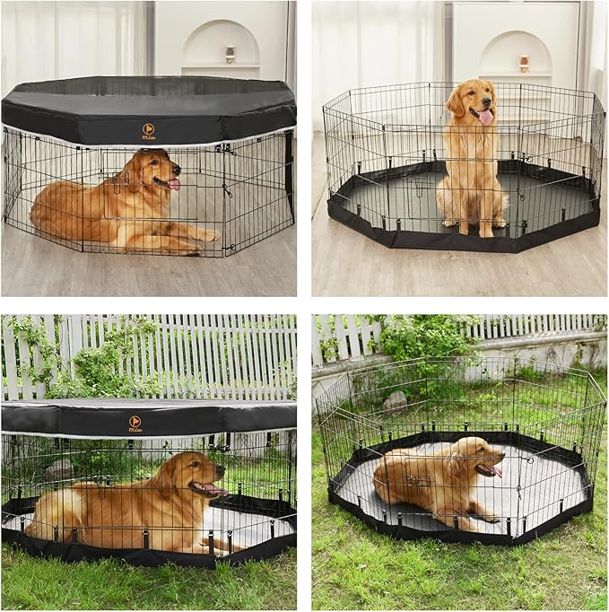 PJYuCien Dog Playpen, 8 Panels 24’’H Dog Pens Indoor with Bottom Pad and Top Cover, Metal Foldable Pet Puppy Exercise Fence Crate Kennel, Better for Small Animals,Black