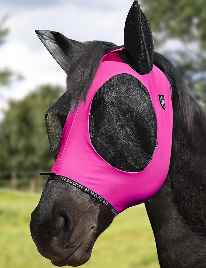 Harrison Howard Horse Fly Mask with Forelock Opening Stretch Breathable and Comfortable for Horses UV -Protection Fuchsia M