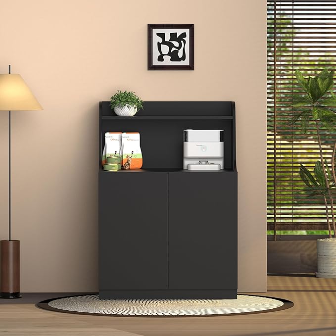Large/Tall Litter Box Enclosure, Modern Wooden Litter Box Furniture for XL Litterbox with Open Shelf as Sideboard Cabinet (Black)