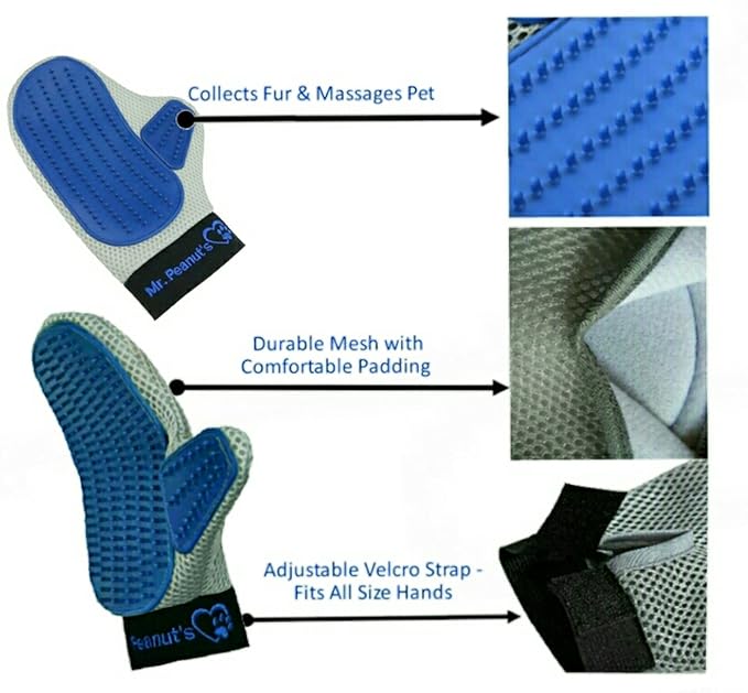 Mr. Peanut’s Pet Grooming Glove – Deshedding Hair Removal Mitt with Gentle Silicone Tips, Adjustable Wrist Strap & Breathable Mesh; Perfect for Dogs, Cats, Rabbits & Small Pets