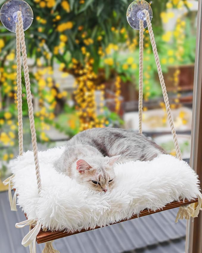 Cat Window Perch - Hammock Bed for Cats Inside - Solid Wood Seat, 4 Strong Suction Cups, Soft Cushion - Rustic Indoor Pet Shelf