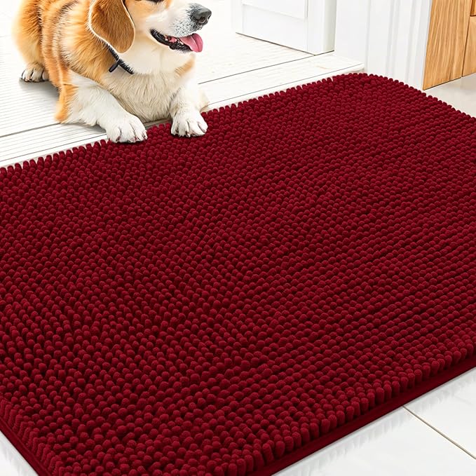 Smiry Dog Door Mat for Muddy Paws 30x20, Absorbs Moisture and Dirt Doormat, Non-Slip Washable Quick Dry Chenille Front Door Mat Indoor Entrance, Entryway Carpet for Inside Floor, Red