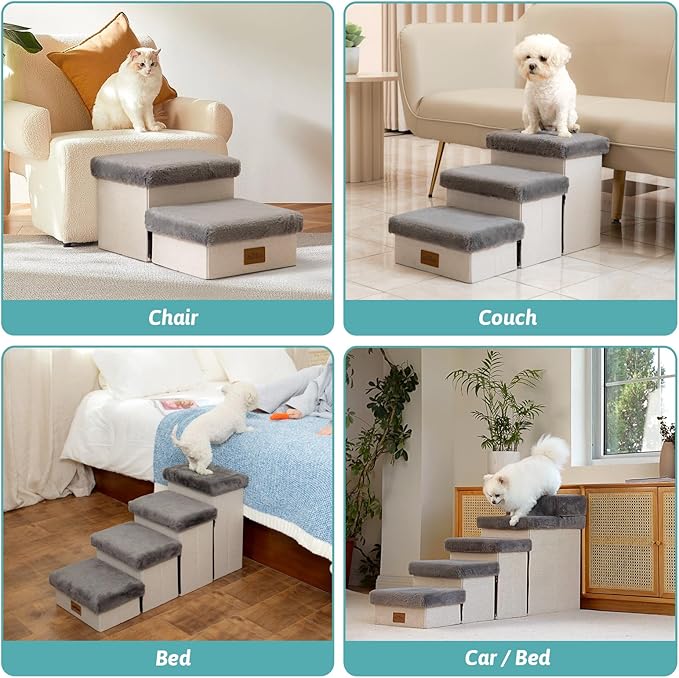 Dog Stair for Small Dogs with Storage, Foldable Pet Step with Soft Cover, Older Cat Ramp for Chair Couch Sofa, Lightweight, Durable, Comfort, 39.7x13x21.2 inch, 5 Tiers, Grey