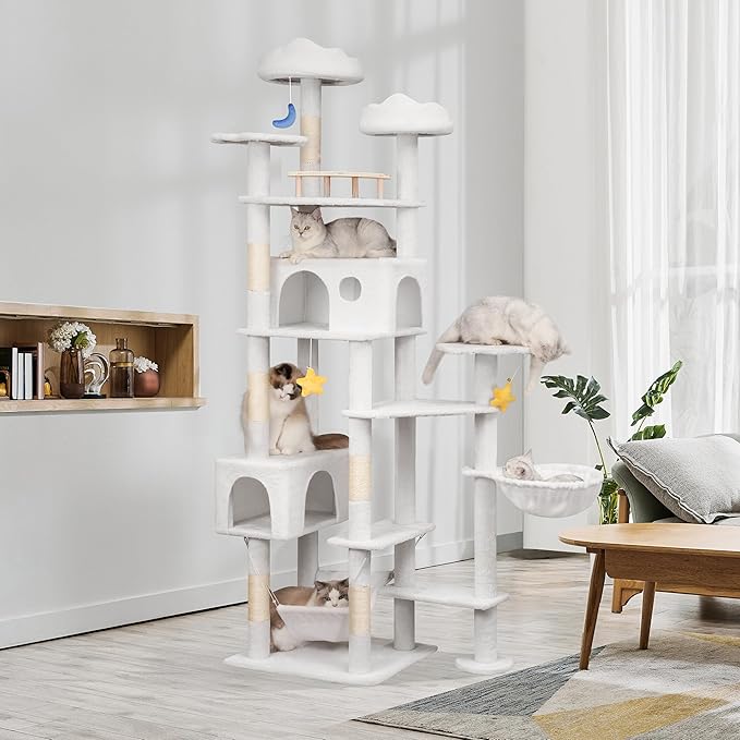 85in Tall Cat Tower for Heavy Duty Big Cats, Large Cat Tree with Scratching Post, Plush Perches, Cozy Cat Condos & Hanging Hammocks for Maine Coon, White
