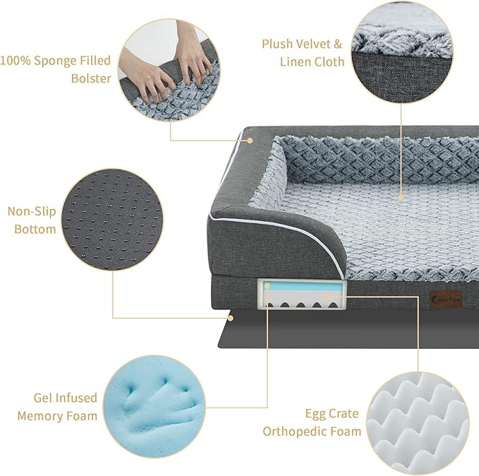 Orthopedic XL Dog Bed for Extra Large Dogs, Waterproof Memory Foam Dog Beds with Sides, Non-Slip Bottom and Egg-Crate Foam Big Dog Couch Bed with Removable Washable Cover(X-Large,Dark Grey)