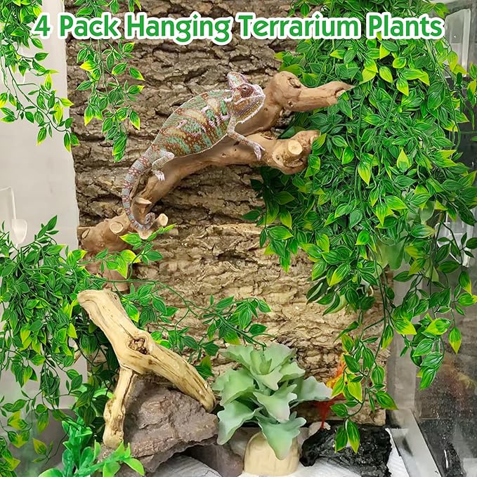 Hamiledyi Reptile Plants, 4 Pack Fake Amphibian Plants, Artificial Leaves Habitat Decorations with Suction Cup for Bearded Dragon Lizard Geckos Chameleon
