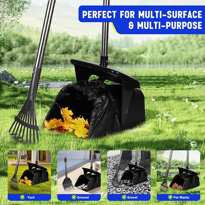 Dog Poop Scooper with 20 Bag Attachment Long Handle Swivel Bin, Rake & Spade Heavy Duty Easy to Clean Pooper Scooper for Large Medium Dogs Pet Waste Removal Solution for Yard, Grass, Gravel