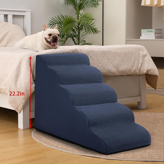 5-Step Dog Stairs and Ramp for High Bed, Non-Slip Sturdy Pet Steps for Small Dogs and Cats,22.2" H,Blue
