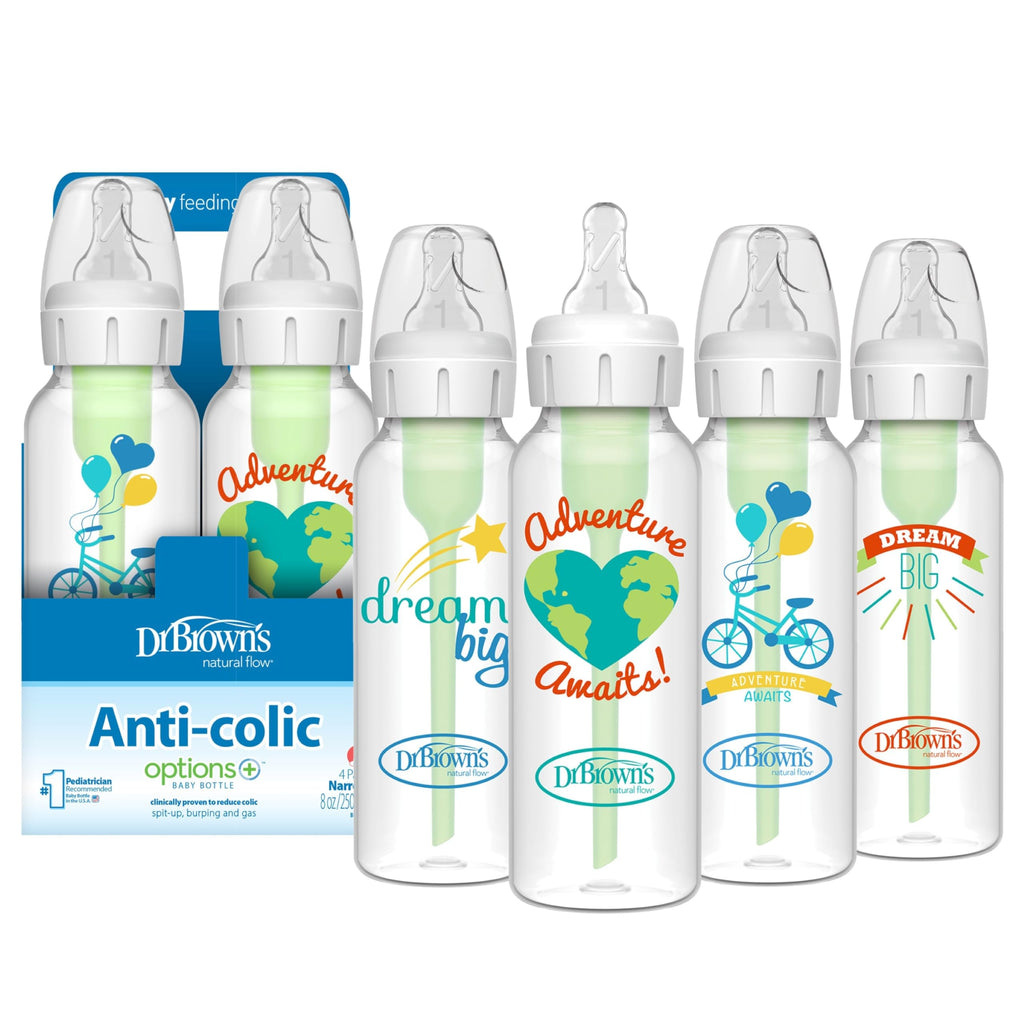 Dr. Brown's Natural Flow Anti-Colic Options+ Narrow Baby Bottle, Pink Floral, 8 oz/250 mL, with Level 1 Slow Flow Nipples, 0m+, 4 Pack