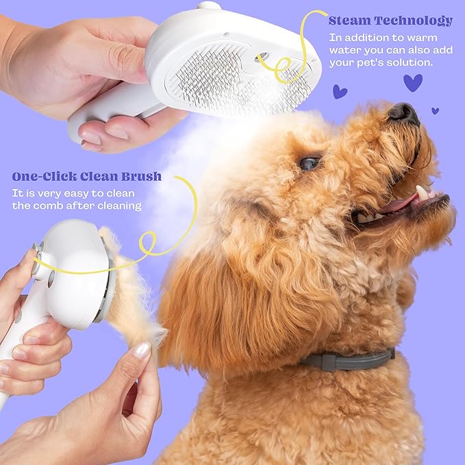 Rechargeable Silicone 3 in 1 Pet Hair Removal Tool - Self Cleaning Steamy Brush for Massage, Shedding & Grooming - Cat & Dog Hair Remover