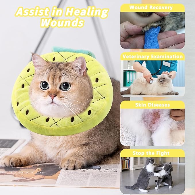 Soft Cat Cone Collar, Cute Cat Recovery Collar Suitable for Small, Medium, Large Cats,Elizabethan Neck Collar for Cats After Surgery (Pineapple, Medium)