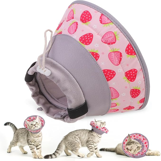EXPAWLORER Cat Recovery Cone Collar- Soft Adjustable Pet Collar for After Surgery, Waterproof Elizabethan Protective Collar, Stop Licking Donut for Small Medium Kittens (Strawberries M (8.5-12 in))