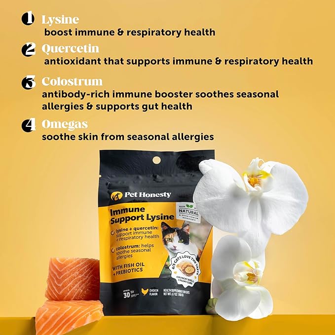 Cat Immune Support Lysine - Cat Allergy Relief - Sneezing, Runny Nose, Watery Eyes - Cat Supplements & Vitamins with Omega 3s, L-Lysine, Antioxidants, Colostrum - Chicken (30 Day Supply)