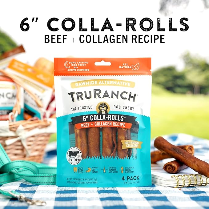 Collagen Rolls - 6" Collagen Rolls for Dogs - Long Lasting Healthy Joint Support Dog Treat - Rawhide Alternative - Skin & Coat Health - Made with Real Beef, 1 Bag, 4 Count